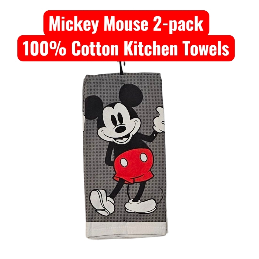 Disney Mickey Mouse Black Grey Red Cotton Kitchen Towels Brand New Gift Set of 2